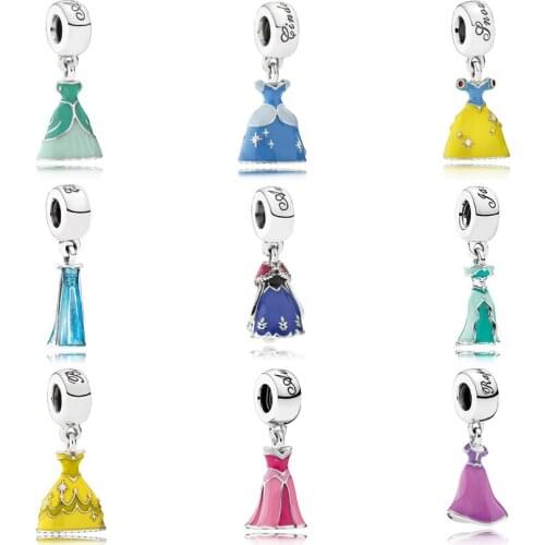 NEW Genuine 100% 925 Sterling Silver Beautiful Princess Dress Charm Beads Fit Women Pendant Necklace Bracelet Free Shipping