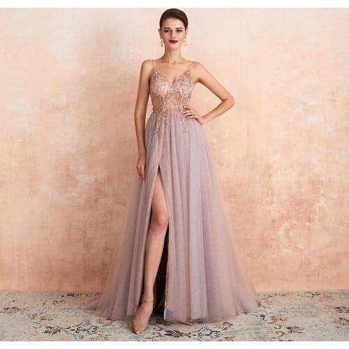 Crystal Prom Dresses 2020 Long Straps Spaghetti See Through Tulle Evening A-line Backless Evending Party Gown