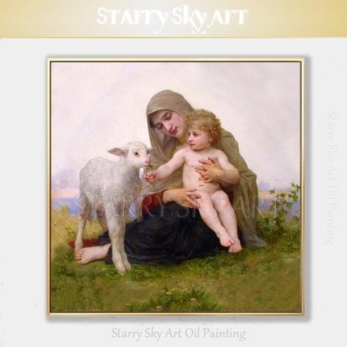 Artist Hand-painted High Quality Impressionist Mother and Kid and Sheep Oil Painting on Canvas Beautiful Portrait Oil Painting