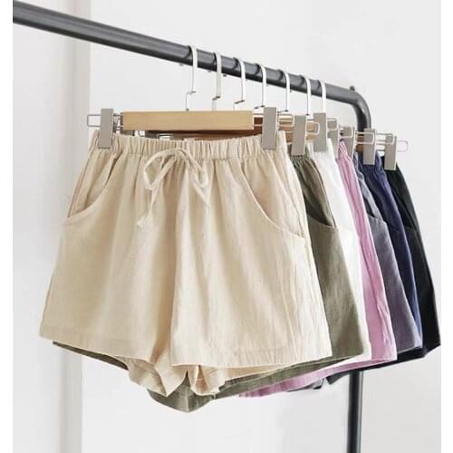Women shorts Summer Casual Solid Cotton Linen shorts high waist loose shorts for girls Plus size female short M- 6XL 7XL