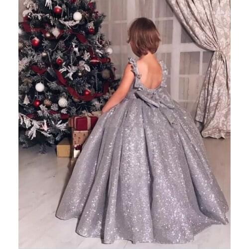 Bling Bling Silver Sequins Little Girls Birthday Dress Open Back with Bow Ball Gown Girls Pageant Christmas Party Dress
