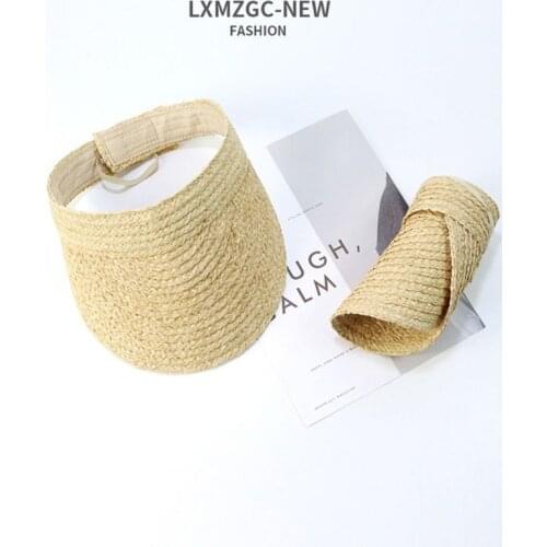 Ladies Summer Handmade Woven Raffia Straw Sun Visor Hat Empty Top Wide Brim UV Protection Adjustable Foldable Peaked Beach Cap