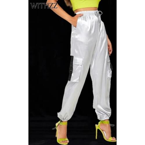 WITHZZ Spring Autumn Satin Drawstring Elastic Waist Push Button Buckle Closure Womens Trousers Casual Pants