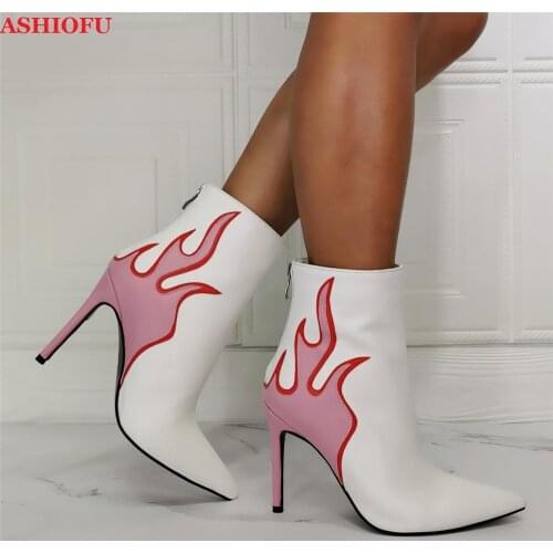 ASHIOFU Handmade New Ladies High Heel Boots Fire-style Pointed-toe Party Prom Ankle Booties Evening Club Fashion Short Boots