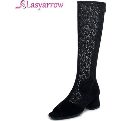 Lasyarrow 2019 big size 33-43 Knee boots women shoes peep toe flock summer boots zipper hollow out high heels shoes woman J537