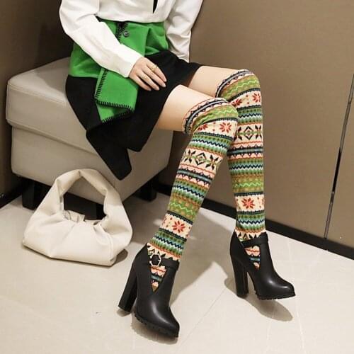 OLOMLB Women Splice Color Pointy Toe Knitted Floral Over Knee High Boots Warm Winter Block Heel Shoes Pull on Plus Size 3Colors