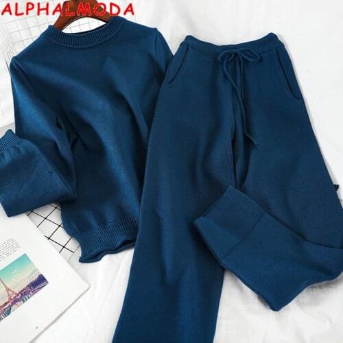 ALPHALMODA Casual Plain Knitting Suit Women Split T-shirt Loose Sweater Top Haren Trousers Casual 2pcs Lounging Suit 4colors