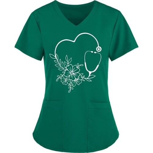 S-5XL 6Colors Floral Love Print V-neck Short Sleeve Nurse Uniform Tops With Pocket Women Work Overalls