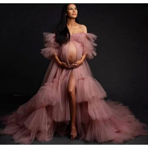 Extra Fluffy Pink Tulle Robes Cap Sleeves Half Sleeves Ruffles With Long Train Ruffles Layers Pregnancy Gowns