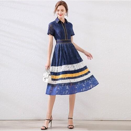 2021 New Summer New Woman Lace Pleated Dress Striped Blue Ladies Slim Short Sleeve Lace Party Female Casual Dresses