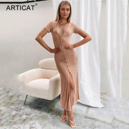 Articat Summer Single-breasted Bodycon Maxi Dresses For Women Short Sleeve See Through Beach Dress Solid V-neck Party Vestidos