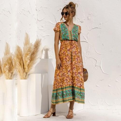 Fashion V Neck Button Printing Womens Summer Dresses Casual Loose Lace Up Stitching Ladies Short Sleeved Dress 2021 Robe Femme