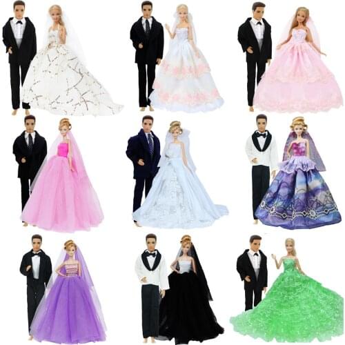 2 Set High Quality Bride Wedding Dress Veil + Bridegroom Suit Shirt Trousers Clothes for Barbie Doll Ken Doll Accessories Toy