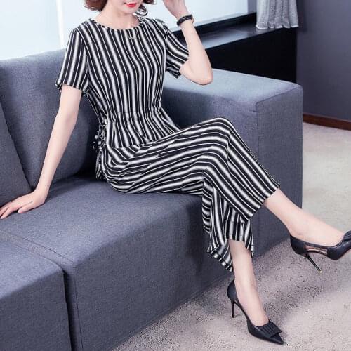 2021 Fashion New Summer Womens Sets Plus size Waist Cotton Silk Print Wide-leg pants Short-sleeve Top Mother Two-piece suit