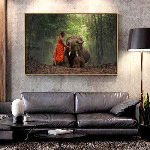 Artcozy Monk and Elephant Oil Canvas Painting for Home Decoration Wall Art Canvas Printings Spray Painting Horizontal Rectangle