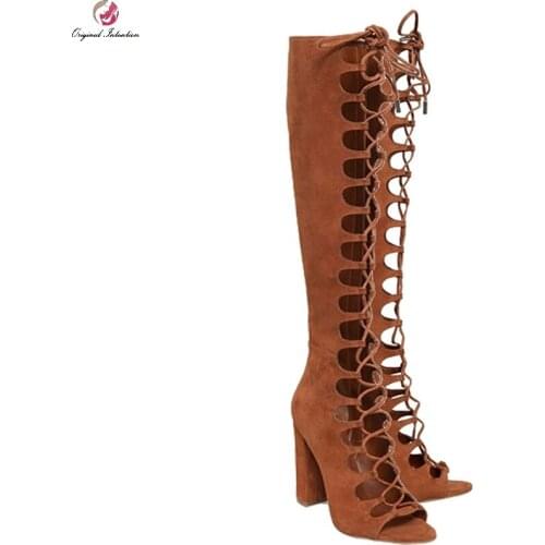 Stylish Gladiator High Heels Shoes Women Brown Flock Stiletto Cross-tied Cover Heel Peep Toe Thin Heels ZIP Sandals Size 35-43