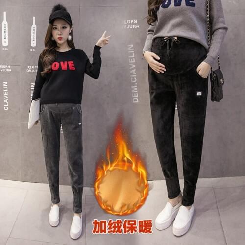 Pregnancy Trousers Winter Thicken Warm Plus Velvet Maternity Pants Elastic Waist Belly Pants Clothes for Pregnant Women