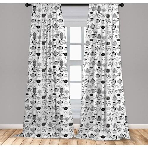 Tea Party Curtains Floral Patterned Cups with Different Designs Monochrome Timeless Kitchenware Window Drapes for Living Room