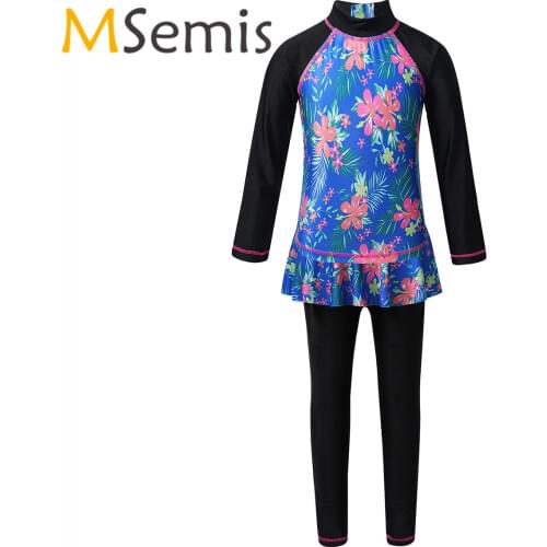 Kids Girls Swimsuits Floral Printed Rash Guard Swimsuits Top with Pantskirt Swimwear Set Wetsuit Swimming Bathing Suit Clothes