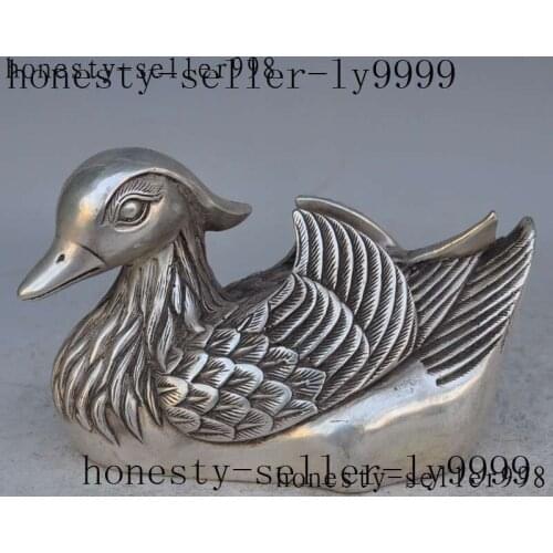 6"marked china folk silver Mandarin duck Aix Galericulata bird auspicious Statue Garden Decoration Brass Bronze