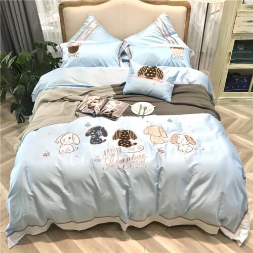 Luxury Egypt Cotton Lovely dogs Cartoon Bedding Set Embroidery Ruffles Duvet Cover Sets Bed Sheet Twin Queen King size 4/6/7Pcs