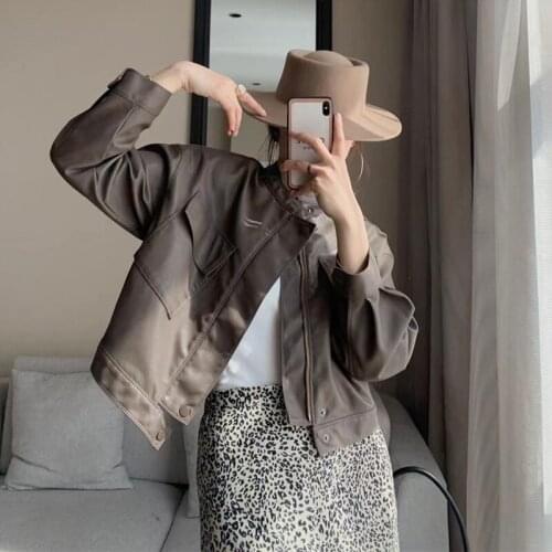 Beige Stand collar Long sleeve Women PU Leather Jacket 2021 Spring Short Loose Big pocket Faux Biker Motorcycle Coat Female