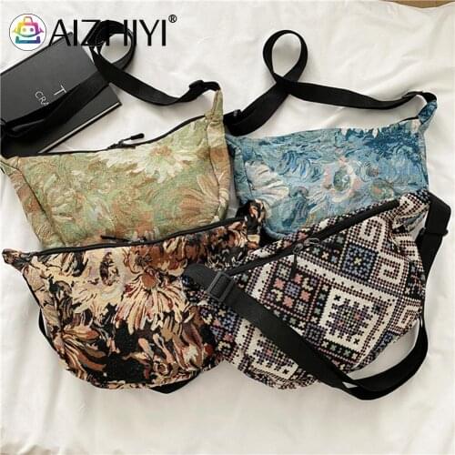 Ethnic Style Fashion Women Flower Printing Shoulder Crossbody Messenger Bag Casual Ladies Large Capacity Cloth Handbags
