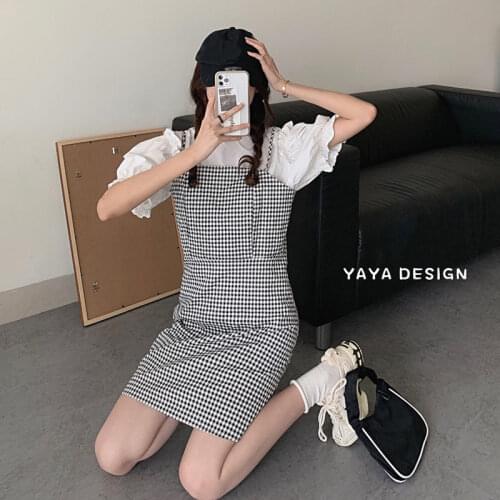 One Piece/Set Can Be Salt Sweet Dungaree Dress Female Summer 2020 New Slim Slimming Tartan Skirt Two-Piece Set