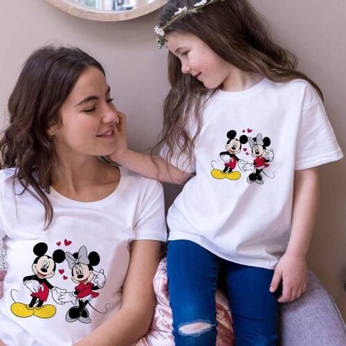 Family Matching Clothes For Mother Daughter Summer Short Sleeve Mickey Mouse Disney Harajuku Tshirts Kids Tees Family Matching