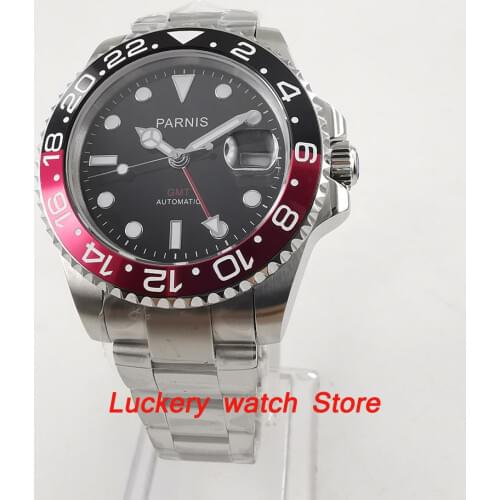 40mm Parnis Black and red Bezel black dial red GMT luminous marks sapphire glass automatic Mens Watch-PA53