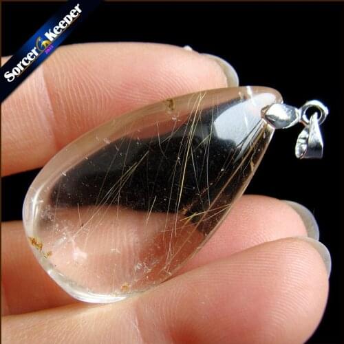 Genuine Natural Gold Rutilated Quartz Crystal Cabochon Setting Necklace Pendant Stone Beads for DIY Jewelry Making OS602