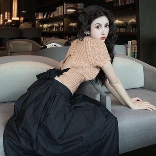 Casual Summer Hollow Out O Neck Short Sleeve Knitted Tops Sweater Lace Up Black Big Swing Skirts Sexy Wild Matching Sets Retro