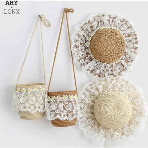 Summer Girls Flower Breathable Hat Straw Hat With Handbag Bags Kids Big Brim Hat Boy Sun UV Protection Beach panama Hat