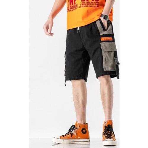 Casual Cargo Shorts Men Pocket Loose Knee Length Workwear Shorts Summer Elastic Waist Ribbon Work Harem Trousers Men