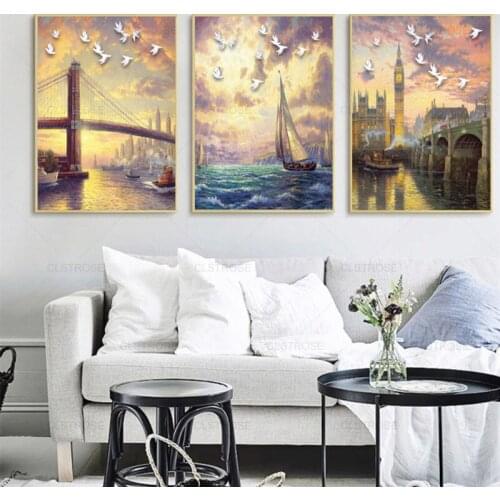 Nordic City Sailboat and Clock Tower Retro Wall Art Poster Oil Paint Print Canvas Painting Home Decoration Living Room Frameless