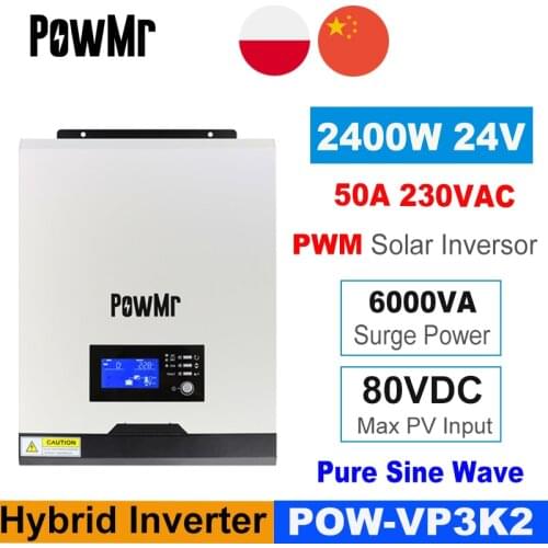 PowMr PWM Hybird Solar Inverter 2400W 24V 220V 50A PWM Pure Sine Wave Inverter 3Kva 50Hz Off Grid Inverter 25A Battery Charger