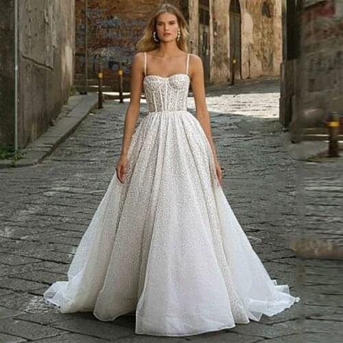 LORIE Glitter Sequin Wedding Dress Elegant Sleeveless Wedding Gowns Backless Simple Bride Dress Vestido De Noiva Robe De Mariee