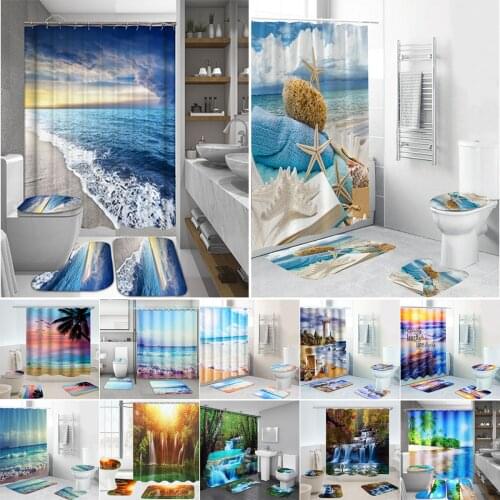 Coastal Beach Scenery 3D Printing Waterproof Shower Curtain Pedestal Rug Lid Toilet Cover Mat Bathroom Set with 12 Hooks