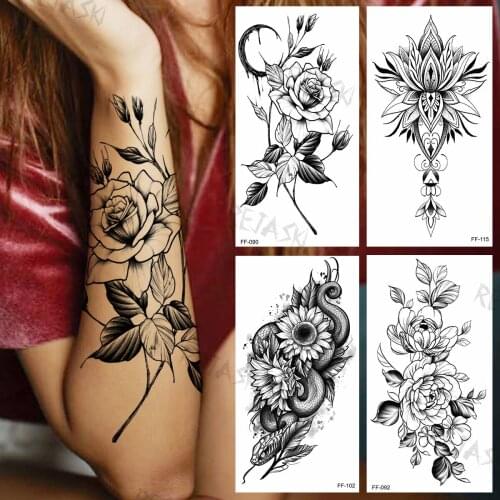 Sexy Rose Temporary Tattoos For Women Men Realistic Snake Peony Henna Fake Tattoo Sticker Minimalist Arm Body Tatoos Paste Paper