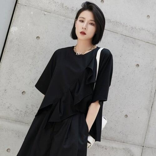Womens new summer black personality ruffled irregular designer loose casual large T-shirt
