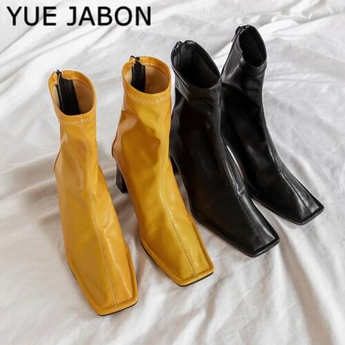 2021 Autumn New Square Toe Women Ankle Boots Chunky 6cm High Heel Elastic Boot Female Slim Fit Sock Boots Fashion Botas Mujer
