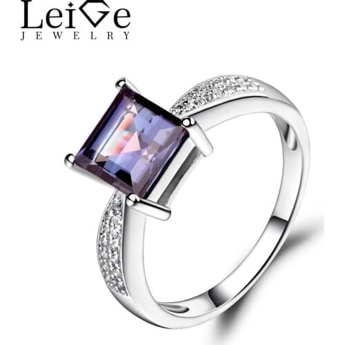 Leige Jewelry Alexandrite Ring Sterling Silver 925 Jewelry Square Cut Gemstone Engagement Promise Ring for Women June Birthstone