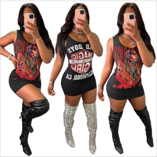 Halter Skinny Print Women Mini Dresses Casual Streetwear Rework 2021 Camisole Sexy Party Wear Female Tank Top Fashion Dress