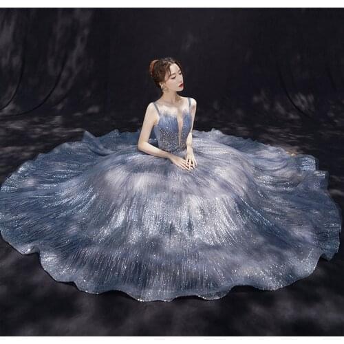 Bling Female Qiapo Blue Temperament Cheongsam Elegant Sequins Evening Party Dress Sequins Banquet Robe De Soiree Vestidos