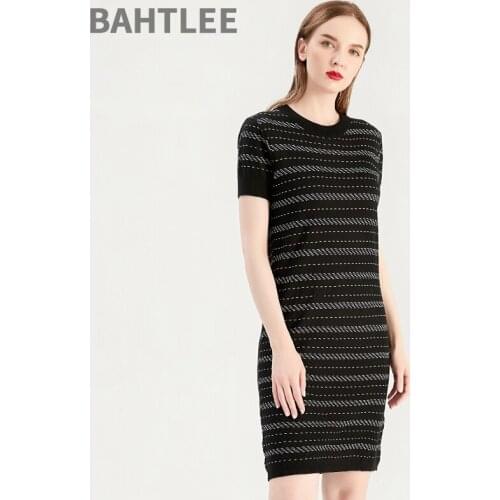 BAHTLEE Summer Women Tencel Straight Dress One-Piece Dress Knitted Jumper Short Sleeves O-Neck
