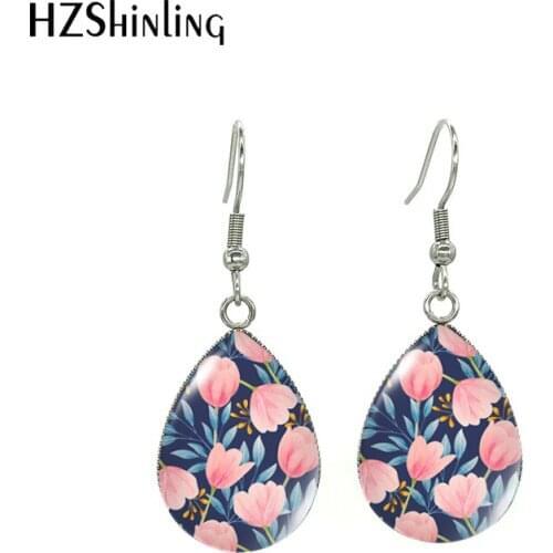 2021 New Fashion Watercolor Floral Lily Rose Poppies Flowers Pattern Handcraft Stainless Steel Tear Drops Dangles