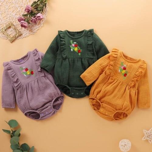 Baby Girl Bodysuit Fashion Long Sleeve Flower Embroidery Jumpsuit Cotton Linen Newborn Clothes Spring Autumn Infant Jumpsuit