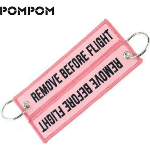10 PCS/LOT Keychain Ring for Cars Motorcycles Pink REMOVE BEFORE FLIGHT Pink Keychain Tags Embroidery Key Chain Fashion Jewelry