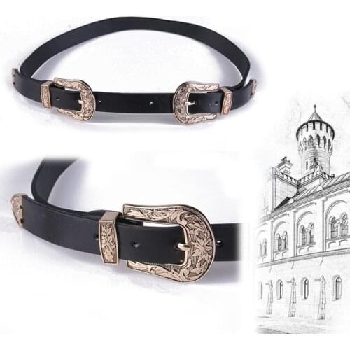 Vintage Carved Belts Women PU Leather Double Buckle Head Temperament All-match High Quality Accessories Alloy Material Belts