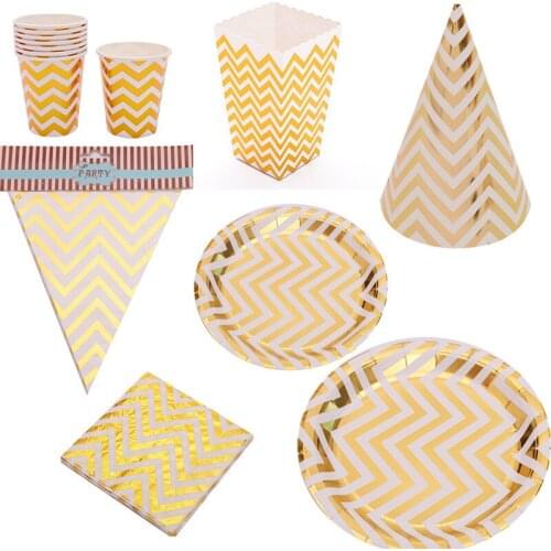 Bronzing Wave Strip Disposable Tableware Gold Plates Hats Napkins Paper Cups Wedding Birthday Party Supplies For Kids Decoration